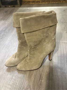 Sergio Rossi Fold-Over Suede Mid-Calf Boots in Taupe